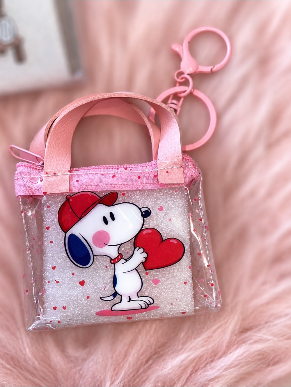 Peanuts Pink Clear Mini Purse Keychain with Snoopy Holding Red Heart